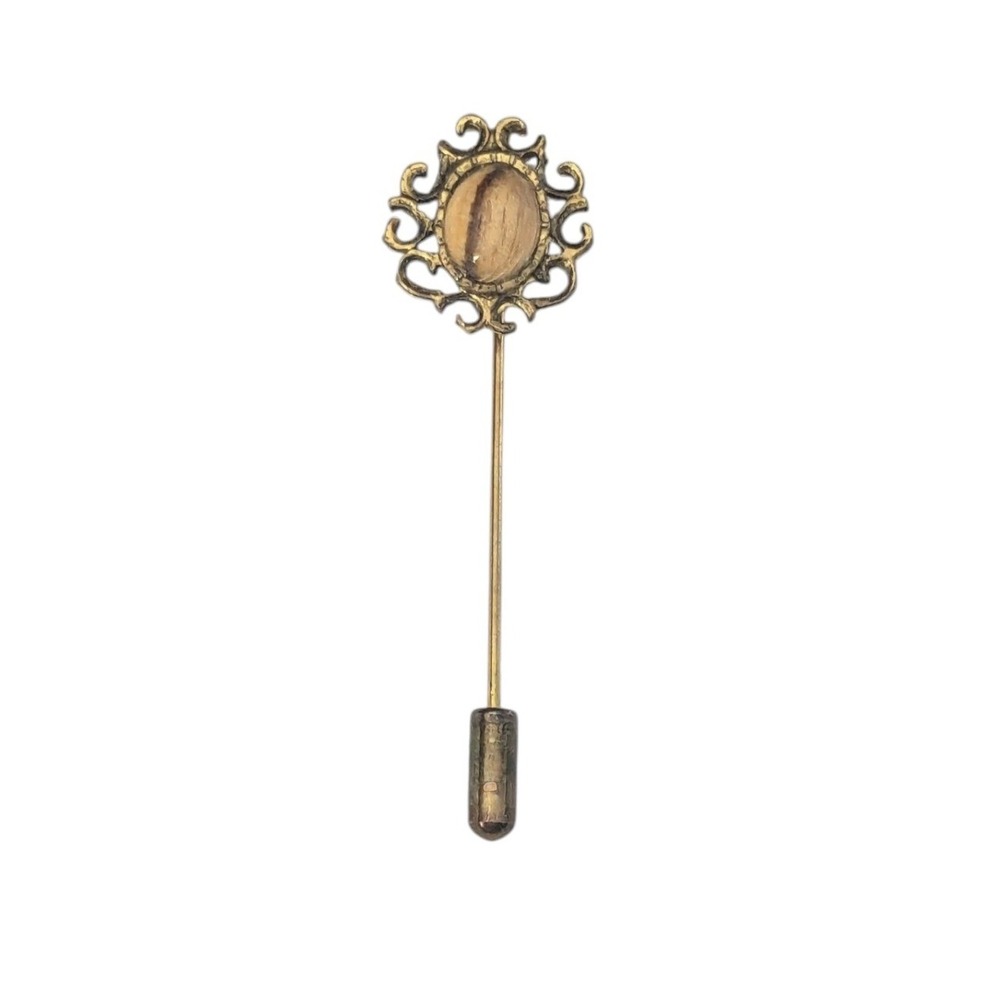 Vintage Filigree Tiger's Eye Stick Pin Gold Tone Oval Brooch Lapel Hat Pin